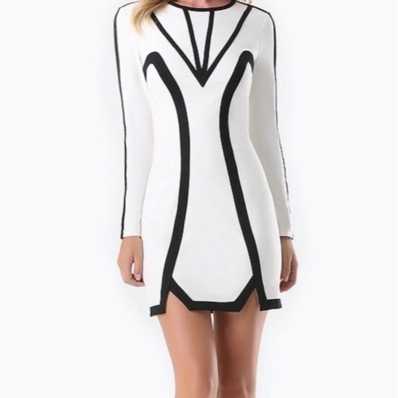 Bebe Long Sleeve Mini Dress - Size XS (White with Black Piping) - Picture 5 of 8
